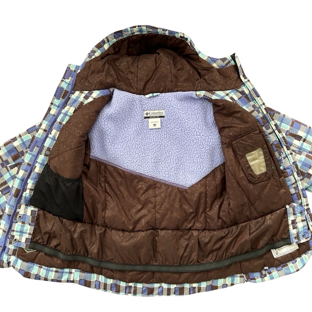 Columbia Snow Ski Waterproof Periwinkle Blue Brown Plaid Jacket Hood Size 14/16 - Picture 8 of 16